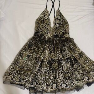 Social Girls Miami Gold Silver Glitter Lace Fit Flare Cocktail Dress Open Back